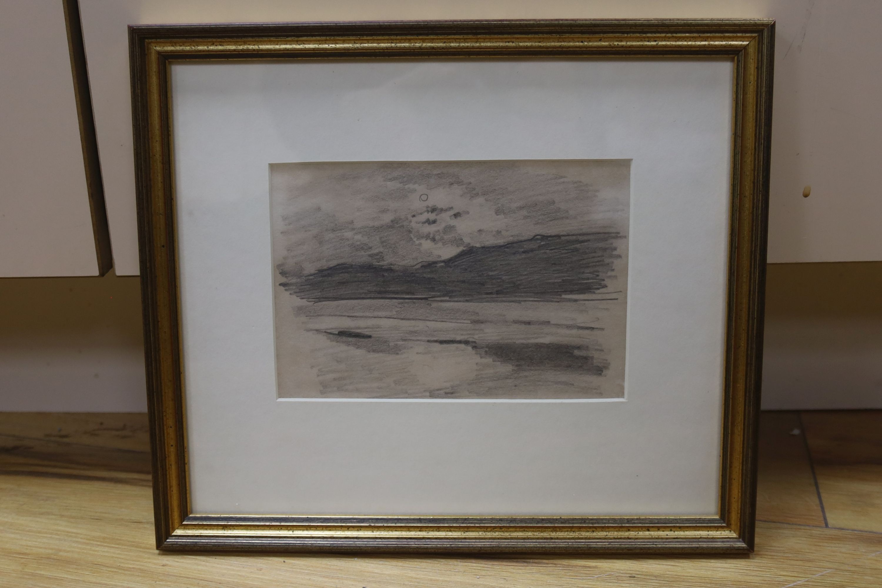 Arthur Rackham (1867-1939), pencil sketch, Open landscape, Abbott & Holder label verso, 11 x 16cm and Richard Kennedy (1910-1989), pen and ink, 'Cat amongst the bushes', signed in pencil, 18 x 26cm
